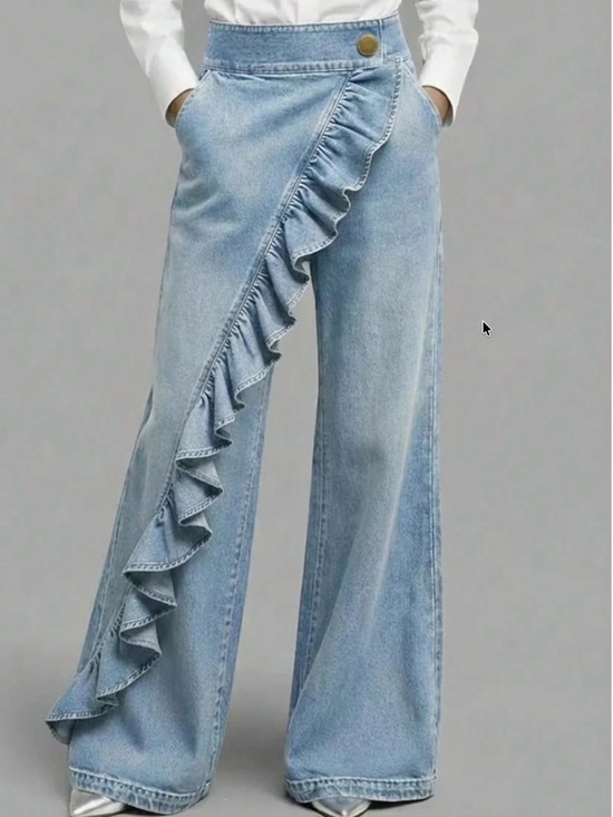 Denim - Light Wash Ruffle Detail Wide Leg Denim Jeans